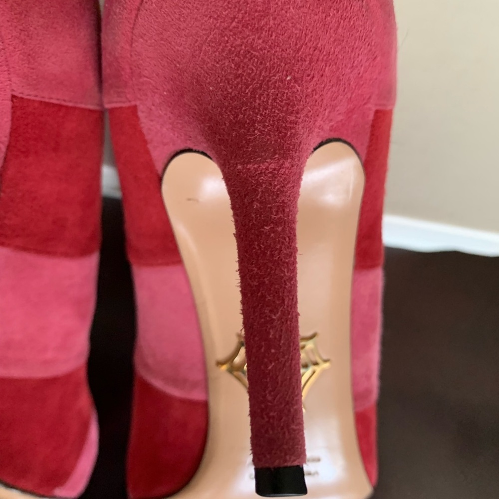 Charlotte Olympia DESIREE IN STRIPES Suede Pumps Rouge/Dark Pink SZ 8.5/EU 38.5 - Picture 13 of 14